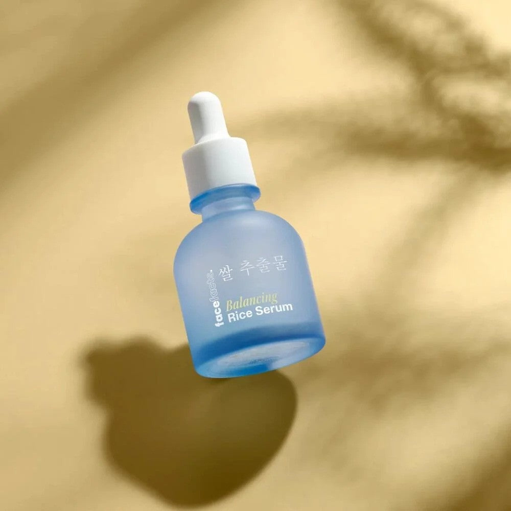 Face Facts Rice Extract Balancing Rice Serum moisturizer in a 30ml bottle, with a clear label and pump dispenser.