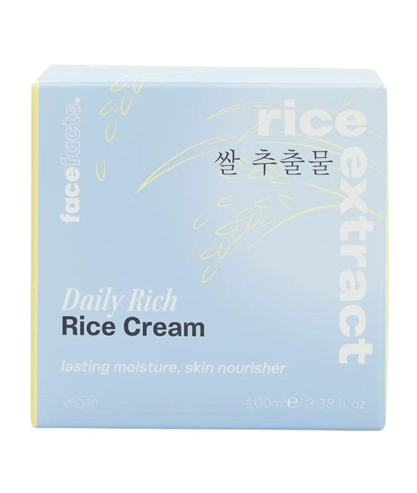 Face Facts Rice Extract Daily Rich Rice Cream moisturizer jar with white and gold packaging, showcasing the nourishing skincare product.