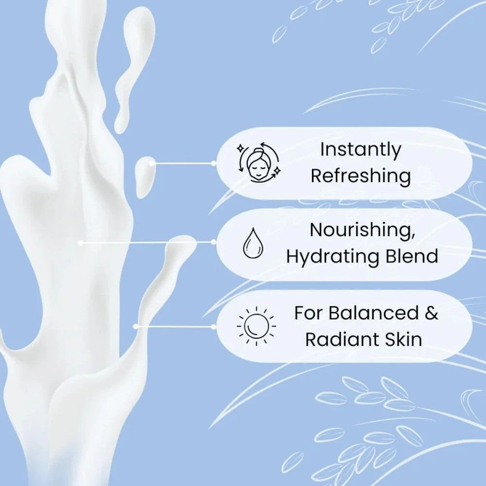 Face Facts Rice Extract Enriching Rice Milk Toner in a clear bottle, showing the liquid and label, for nourishing skin care.