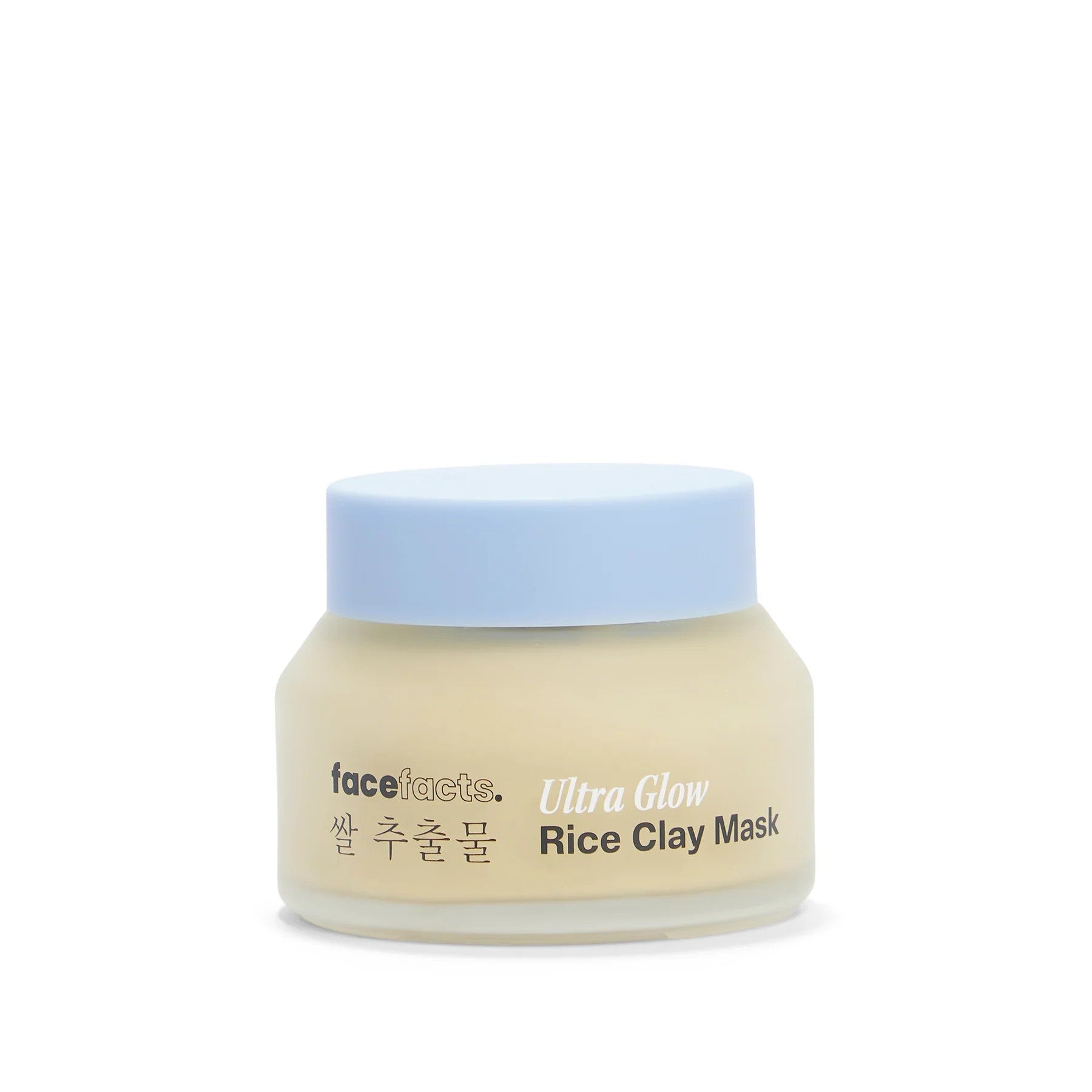 Face Facts Rice Extract Ultra Glow Rice Clay Mask for skin care, showing the clay mask in a container with rice extract ingredients.