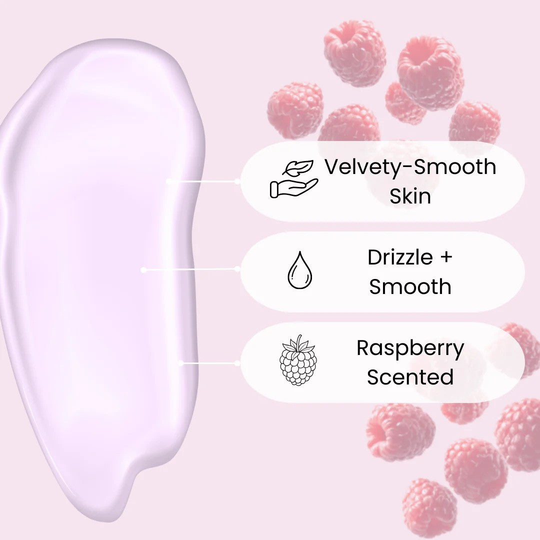 Face Facts Scuup Raspberry Ripple Cream Body Lotion bottle with raspberry-colored label and creamy texture visible.