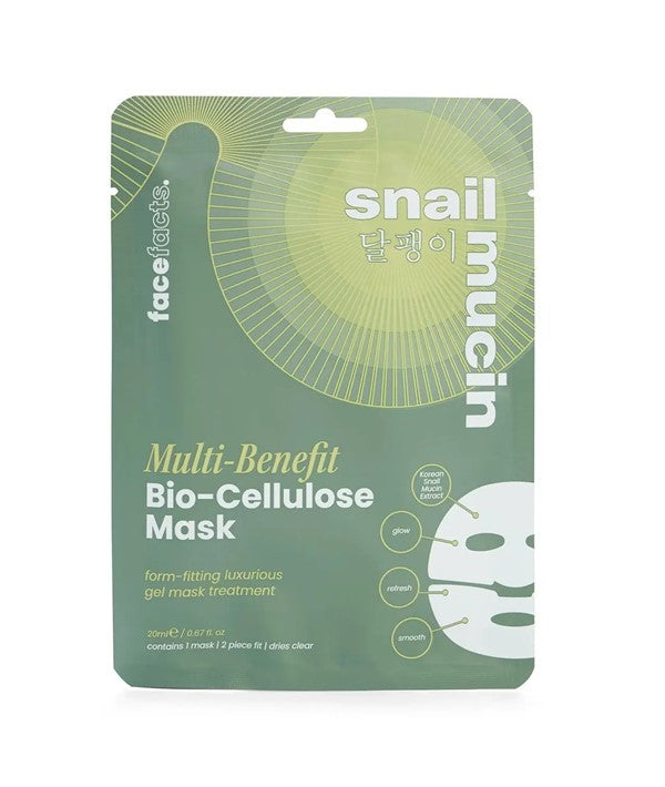 Face Facts Snail Mucin Bio Cellulose Mask showing a transparent sheet mask with snail mucin ingredients for skin hydration and renewal.