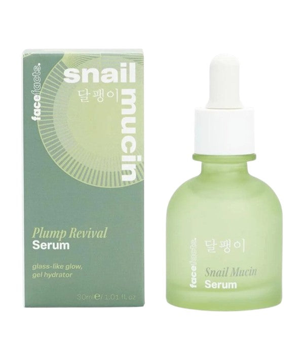 Face Facts Snail Mucin Plump Revival Serum in a 30ml bottle, a hydrating moisturizer with snail mucin for skin plumping and revitalizing.