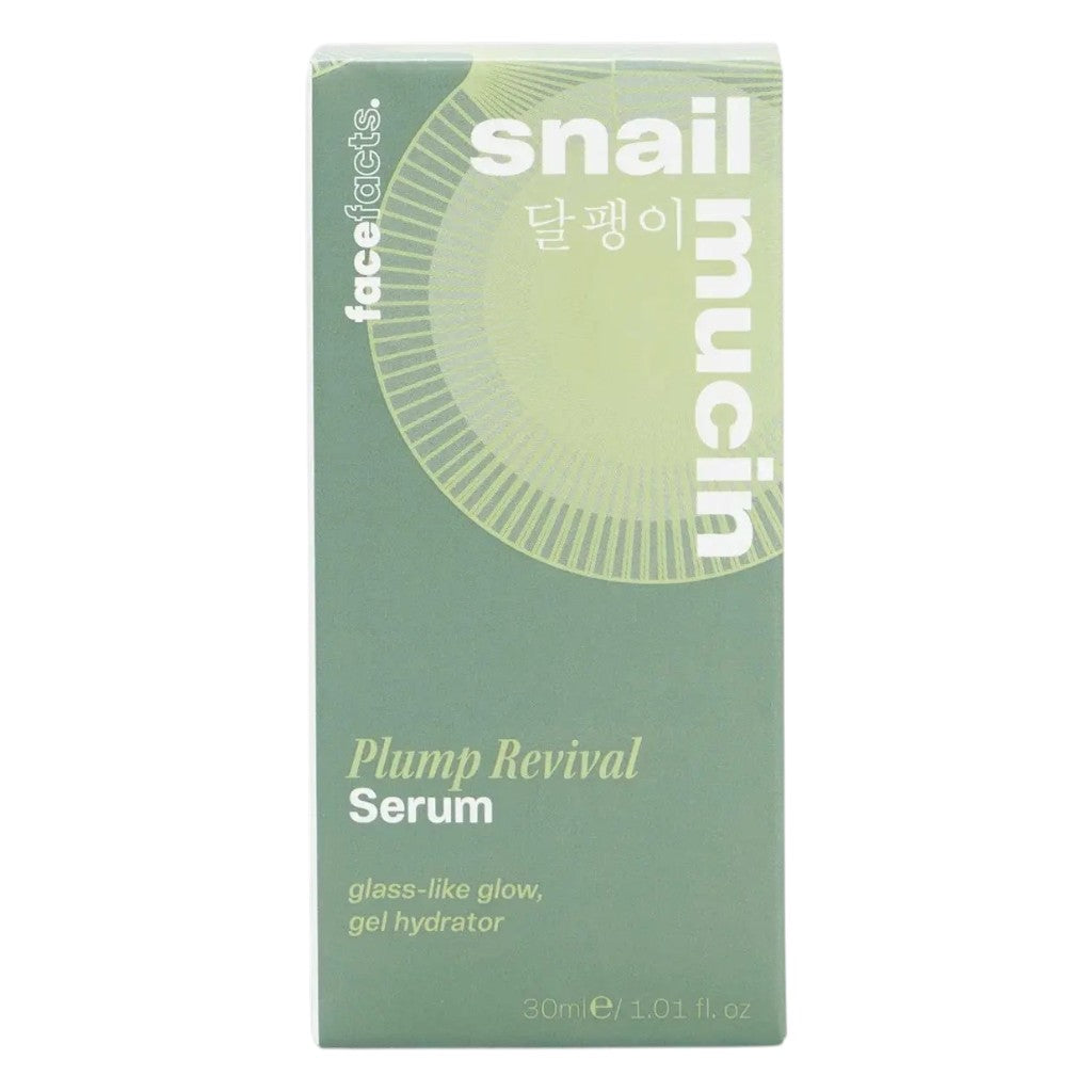 Face Facts Snail Mucin Plump Revival Serum in a 30ml bottle, a nourishing moisturizer for hydrated, plump skin.