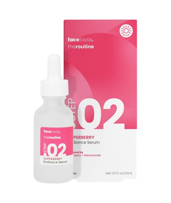 Face Facts Superberry Radiance Serum in a 30ml bottle, moisturizing facial serum with natural superberry ingredients.