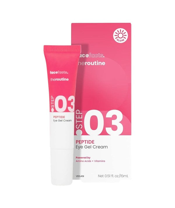 Face Facts Step 03 Peptide Eye Gel Cream in a 15ml jar, designed for eye care with a lightweight, hydrating formula.