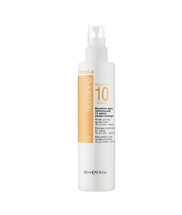 Fanola nourishing leave-in spray mask for hair, showing a bottle of the restructuring hair treatment in a sleek design.