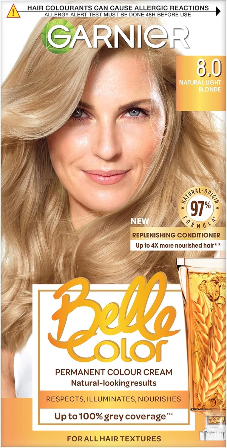 Garnier Belle Color Creme Permanent hair dye in shade 8.0 Natural Light Blonde, showing the light blonde hair color.