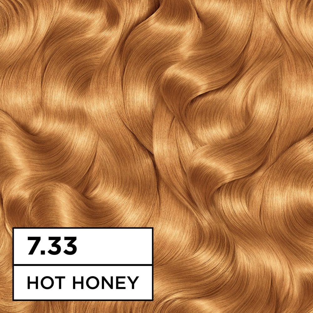 Garnier Good Permanent Hair Colour 7.33 Hot Honey Blonde in a box with hair dye and applicator brush visible.