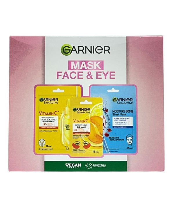 Garnier skincare gift set featuring face and eye masks with soothing and hydrating formulas in a colorful box.