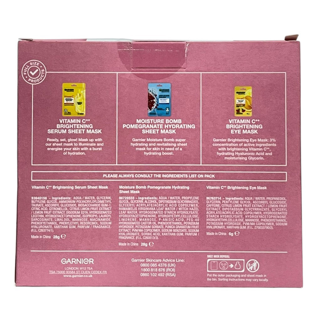 Garnier skincare gift set with face and eye masks, featuring multiple mask sachets in colorful packaging for nourishing skincare.