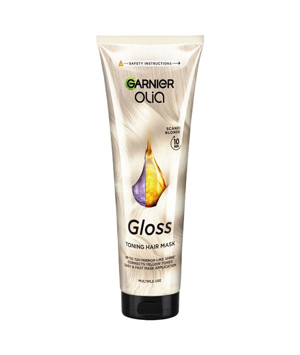 Garnier Olia Gloss Toning Hair Mask in a 150ml bottle, designed for blond hair, enhancing shine and color.