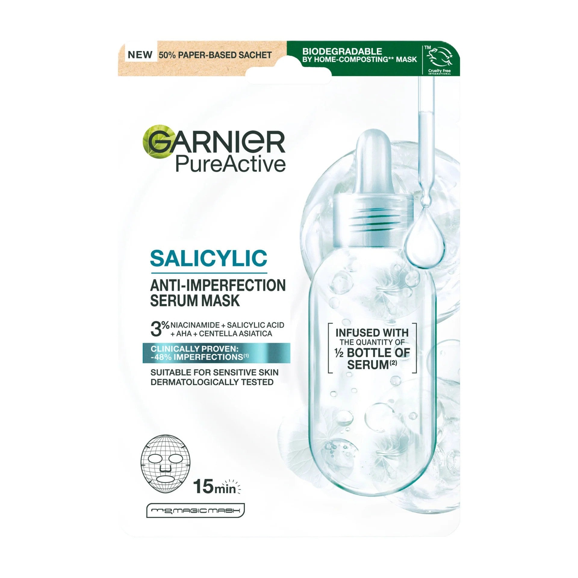 Garnier Pure Active Salicylic Anti-Imperfection Serum Mask applied on skin, targeting blemishes and skin imperfections.