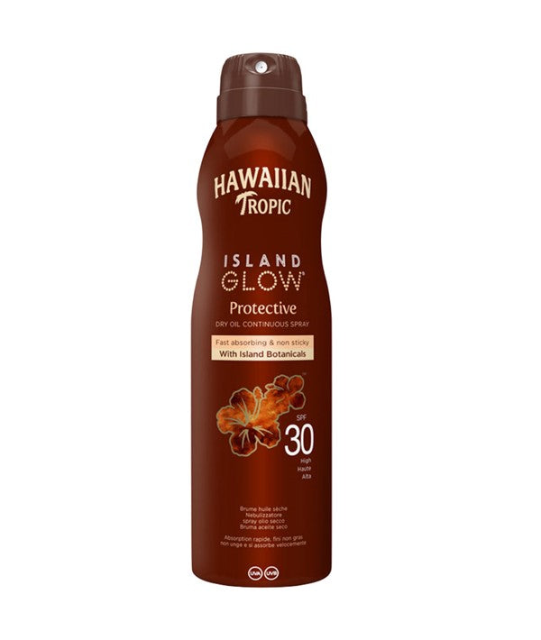 Hawaiian Tropic Island Glow SPF30 protective dry oil spray with sun and tan benefits, shown in a spray bottle with tropical packaging.