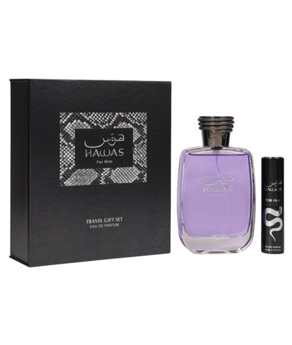 Rasasi Hawas Eau de Parfum travel gift set for him with fragrance bottles and travel-sized scents