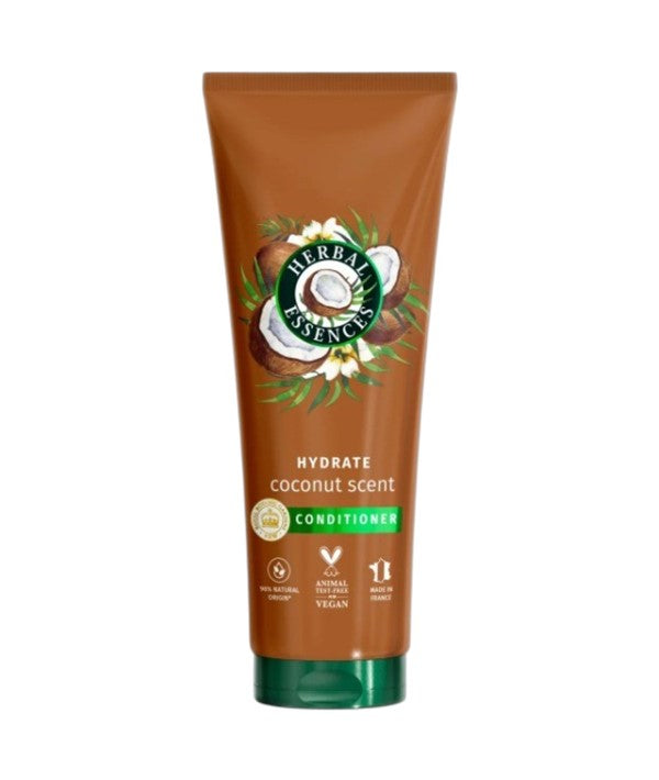 Herbal Essences Hydrate Coconut Scent Conditioner bottle with tropical coconut imagery on the label.