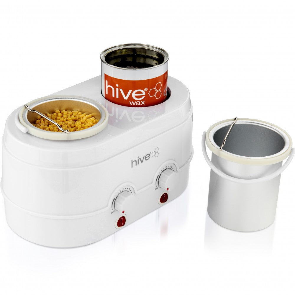 Hive Dual Analogue Wax Heater for personal care, featuring dual heating chambers and control dials for efficient waxing.
