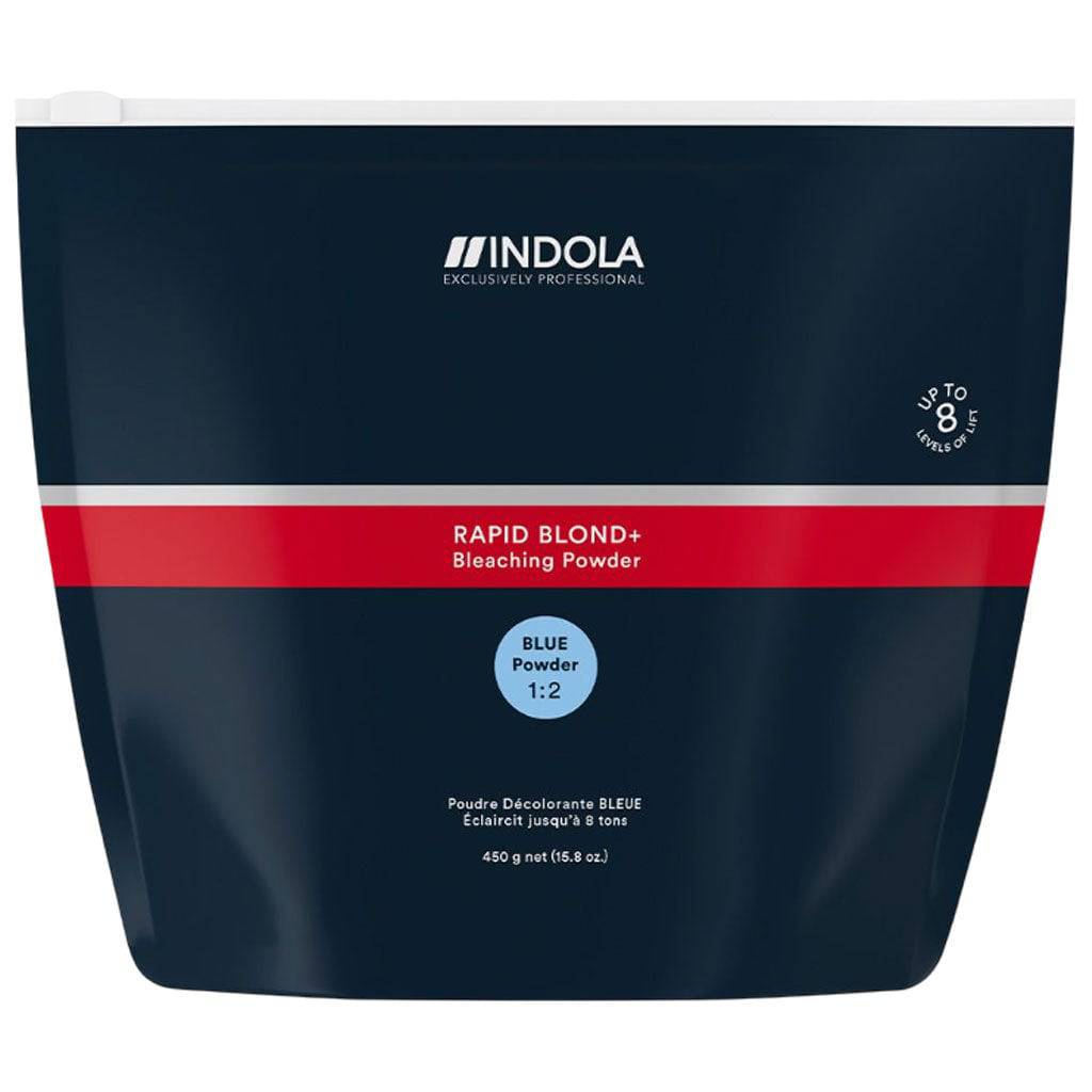 Indola Professional Rapid Blond Blue Bleaching Powder in a white container with blue accents for hair bleaching and color.