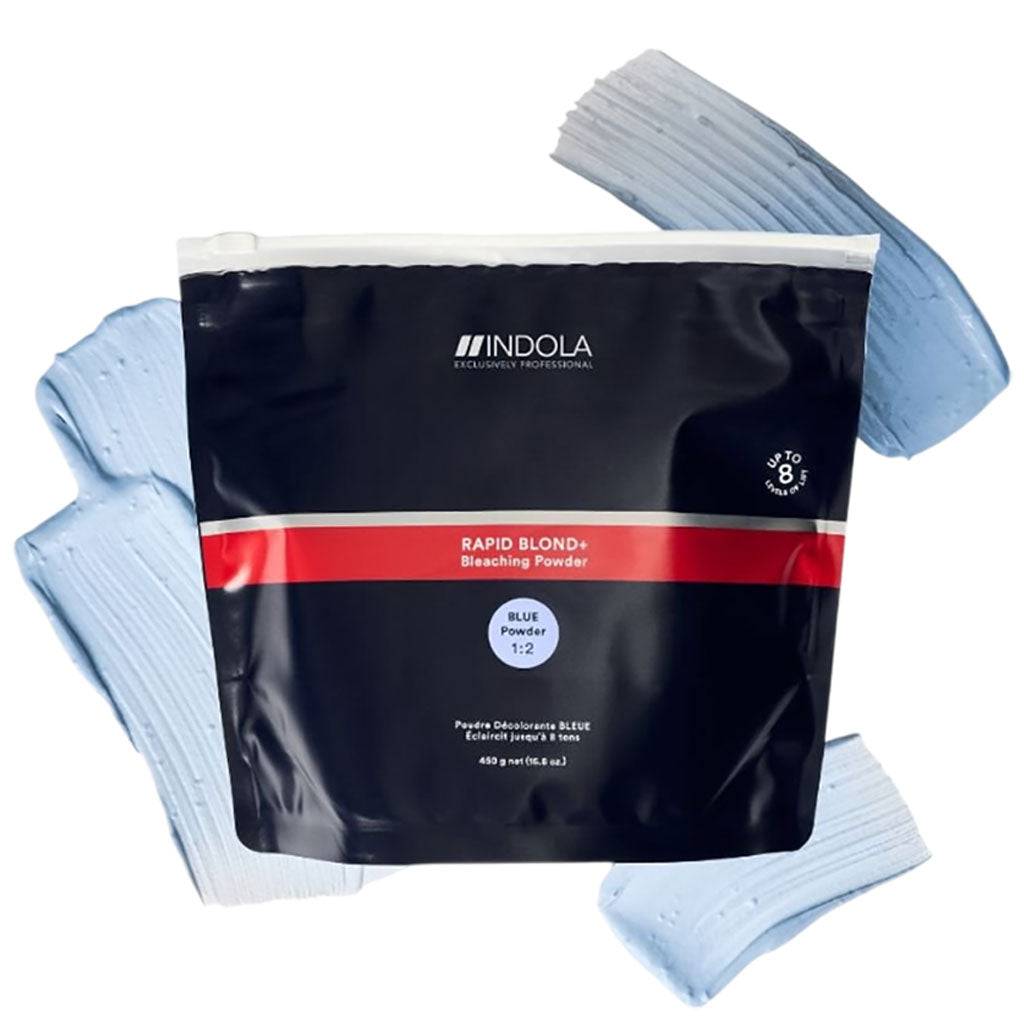 Indola Professional Rapid Blond Blue Bleaching Powder for hair bleaching, showing the blue-tinted powder in a container.