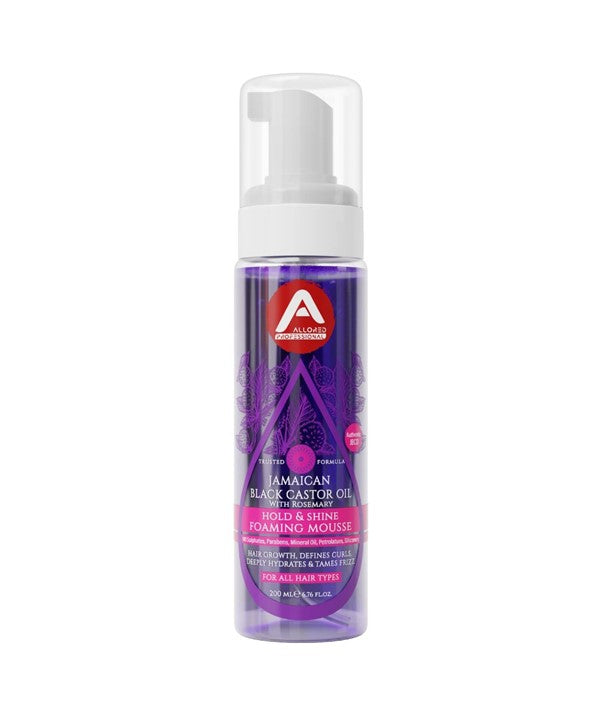 Allored Beauty Jamaican Black Castor Oil with Rosemary Hold and Shine Foaming Mousse for hair styling, showing a foaming mousse container.