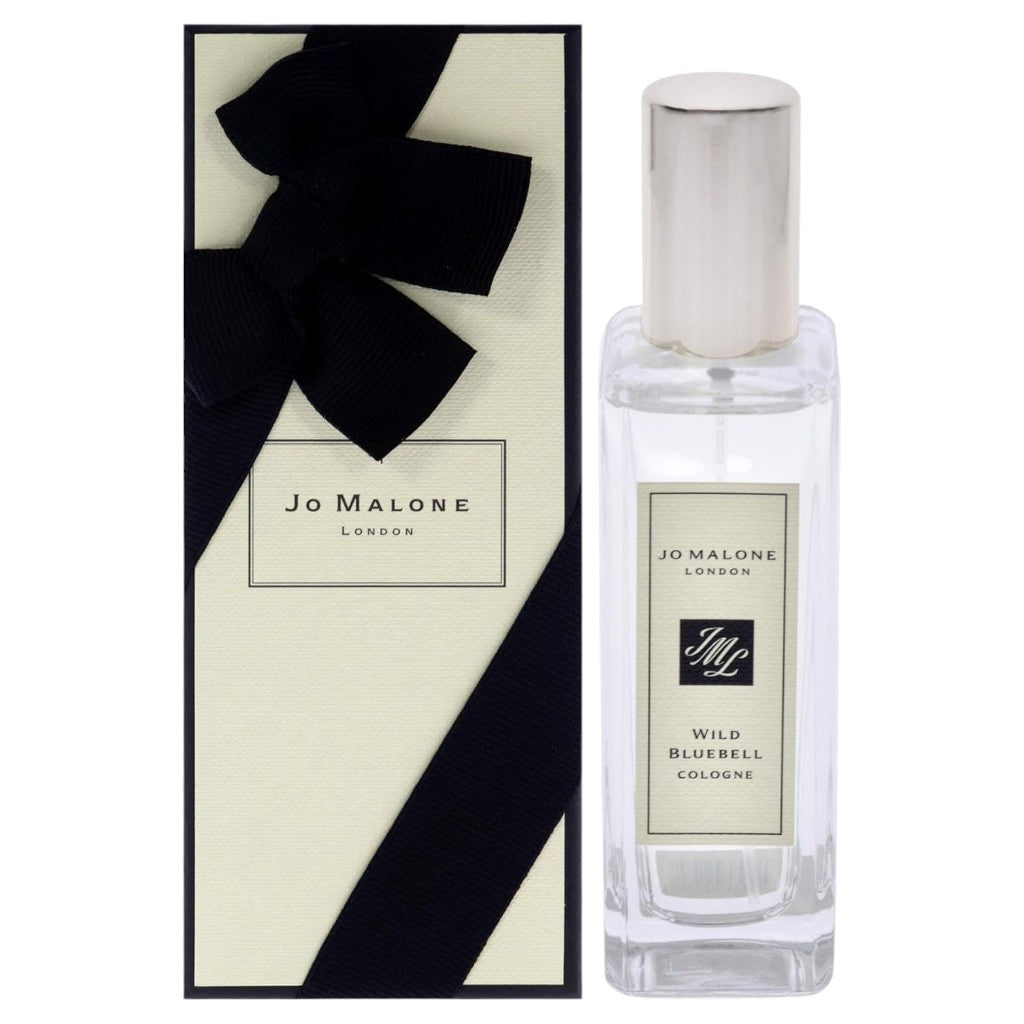 Jo Malone Wild Bluebell Cologne Spray for Him, featuring a sleek glass bottle with a silver cap and blue floral label.
