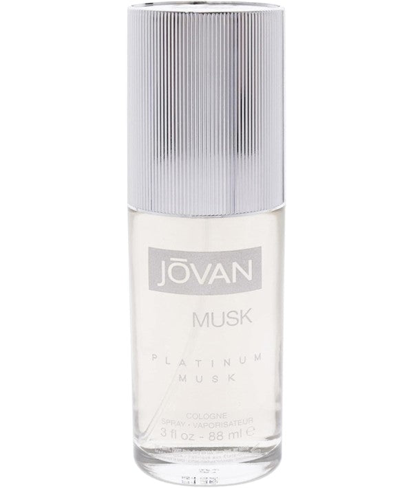 Jovan Platinum Musk for Men cologne spray in 88ml bottle, featuring sleek packaging and masculine fragrance for him