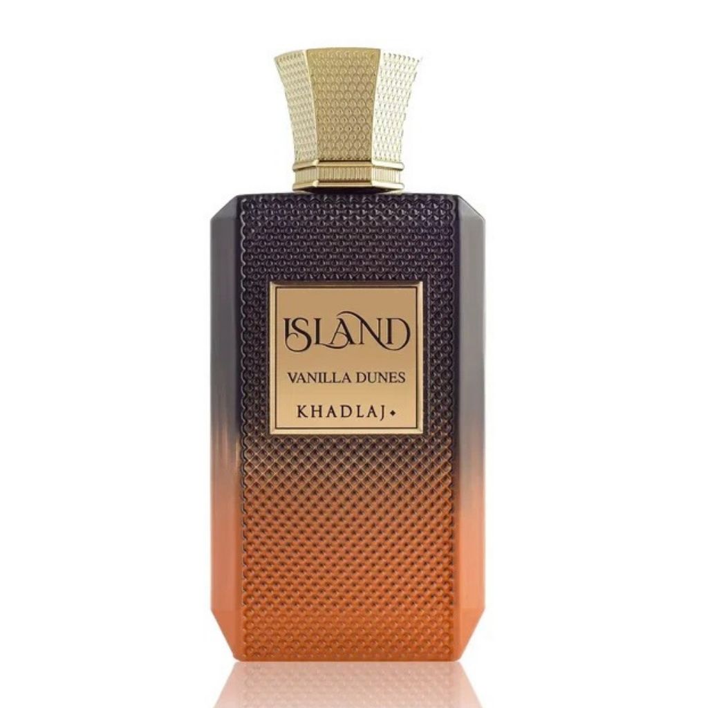 Khadlaj Island Vanilla Dunes Extrait de Parfum bottle for him, featuring a warm vanilla fragrance design