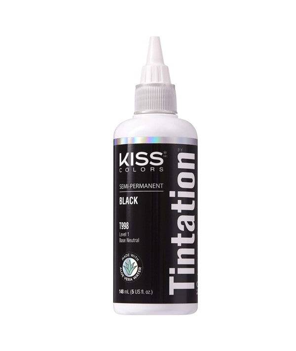 Kiss Colors Tintation semi-permanent black hair dye in bath and shower application, featuring the Kiss Products brand packaging.