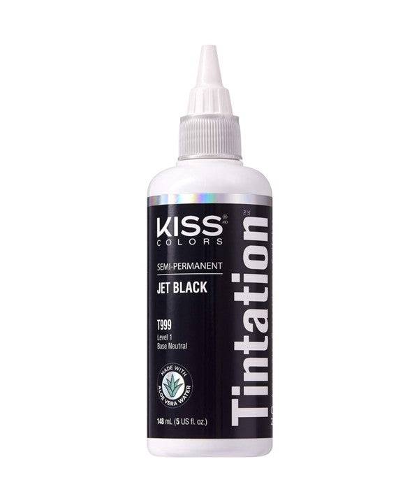 Semi-permanent jet black hair color from Kiss Colors Tintation by Kiss Products, showcasing the rich, dark black shade.