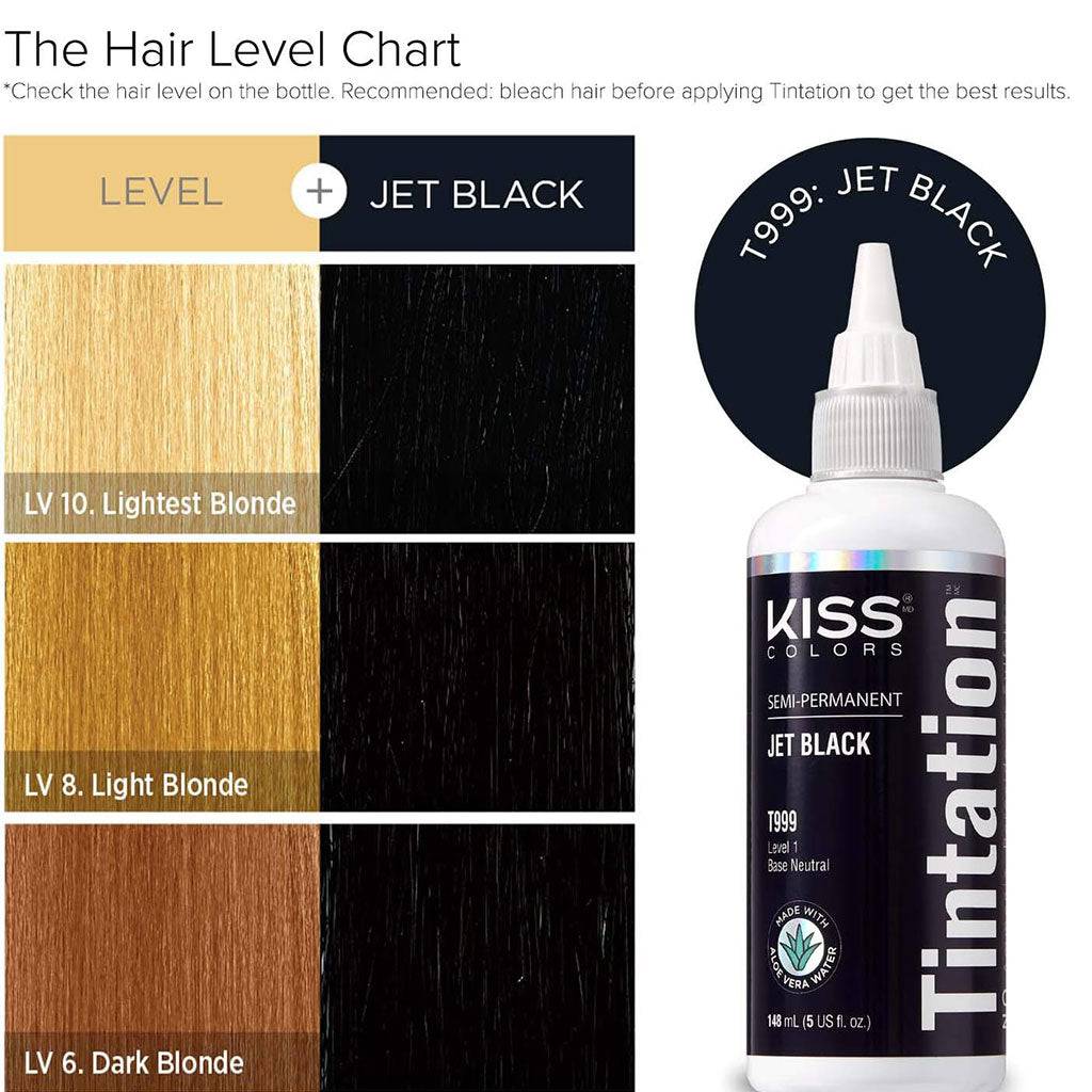 Kiss Products Kiss Colors Tintation semi-permanent hair dye in Jet Black T999, showing a tube of black hair coloring product.