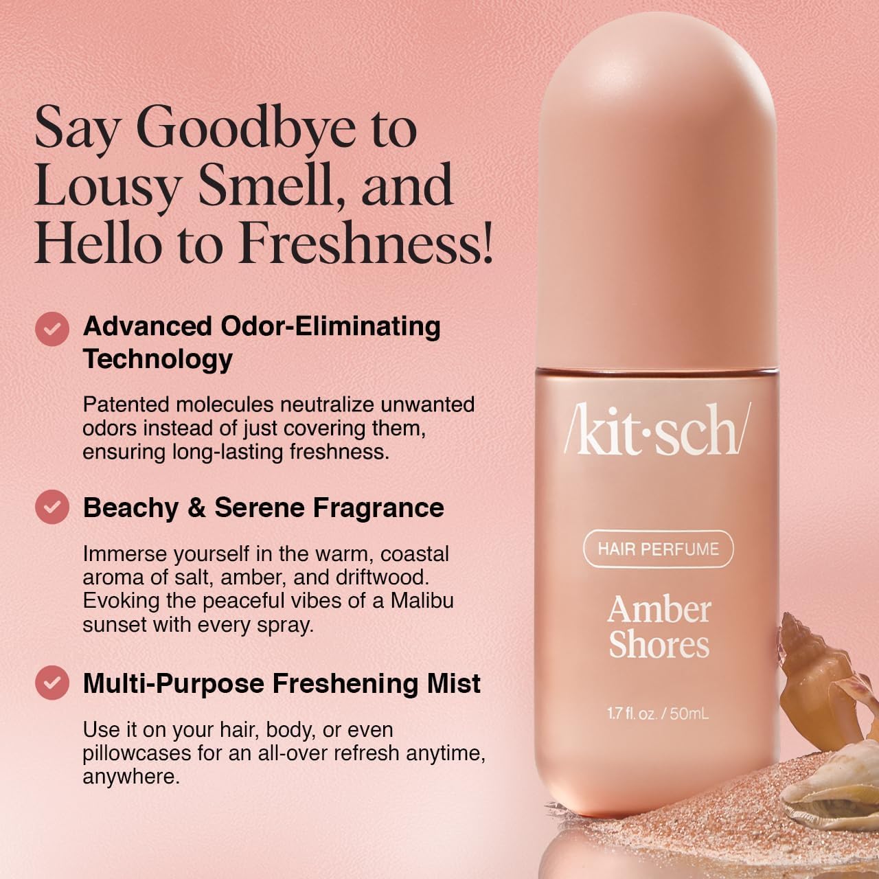 Kitsch Amber Shores Hair Perfume bottle, 50ml, featuring a sleek design for hair styling and scent enhancement.