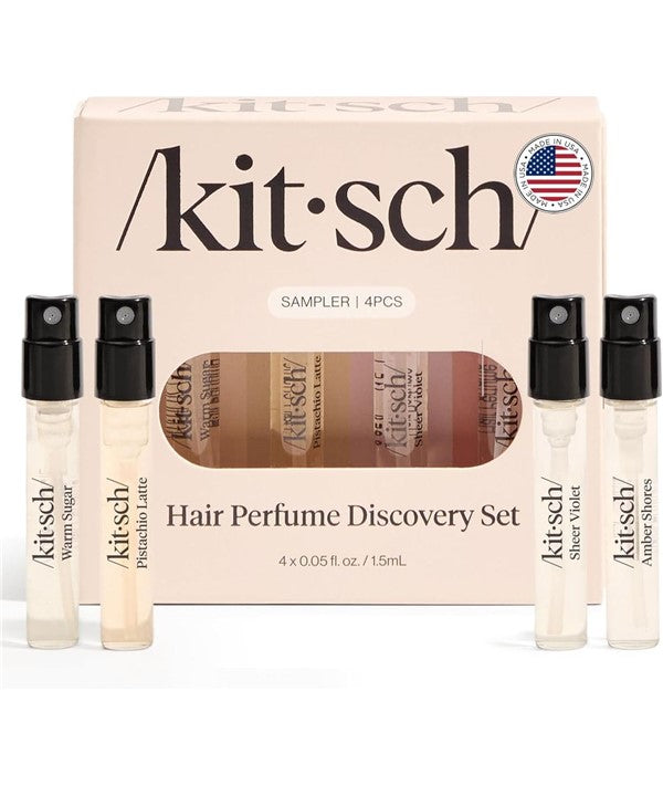 Kitsch Hair Perfume Discovery Set featuring small bottles of scented hair perfumes and styling accessories in a sleek package.