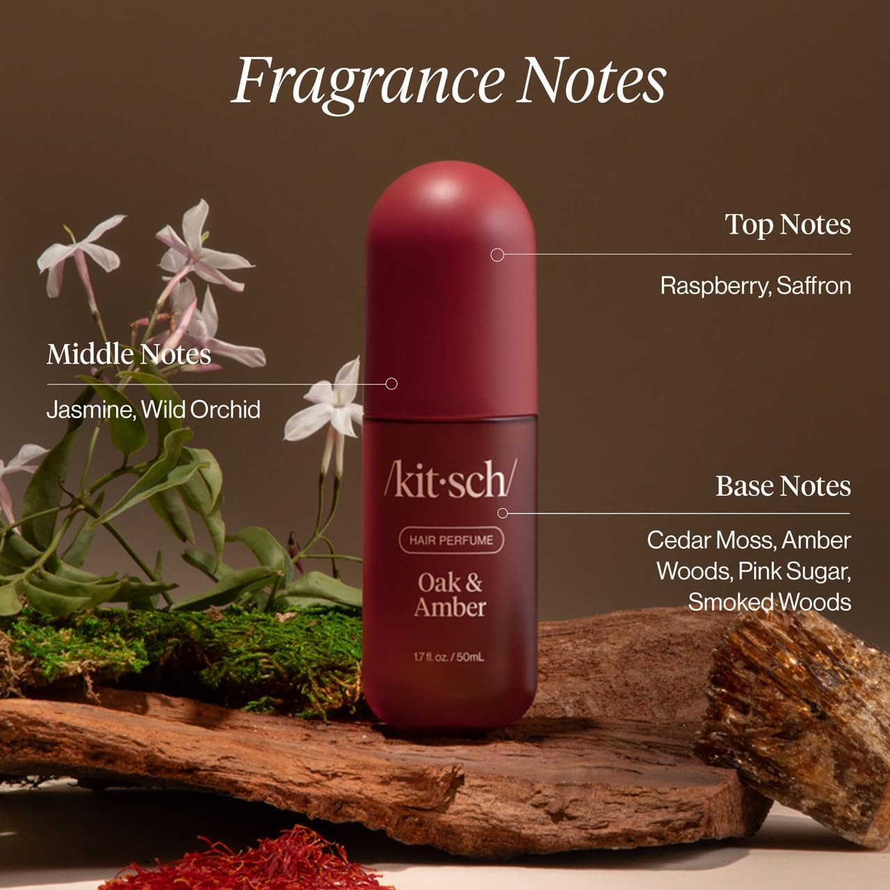 Kitsch Hair Perfume Oak and Amber, 50ml, featuring elegant packaging and a stylish spray bottle for hair styling and scent.