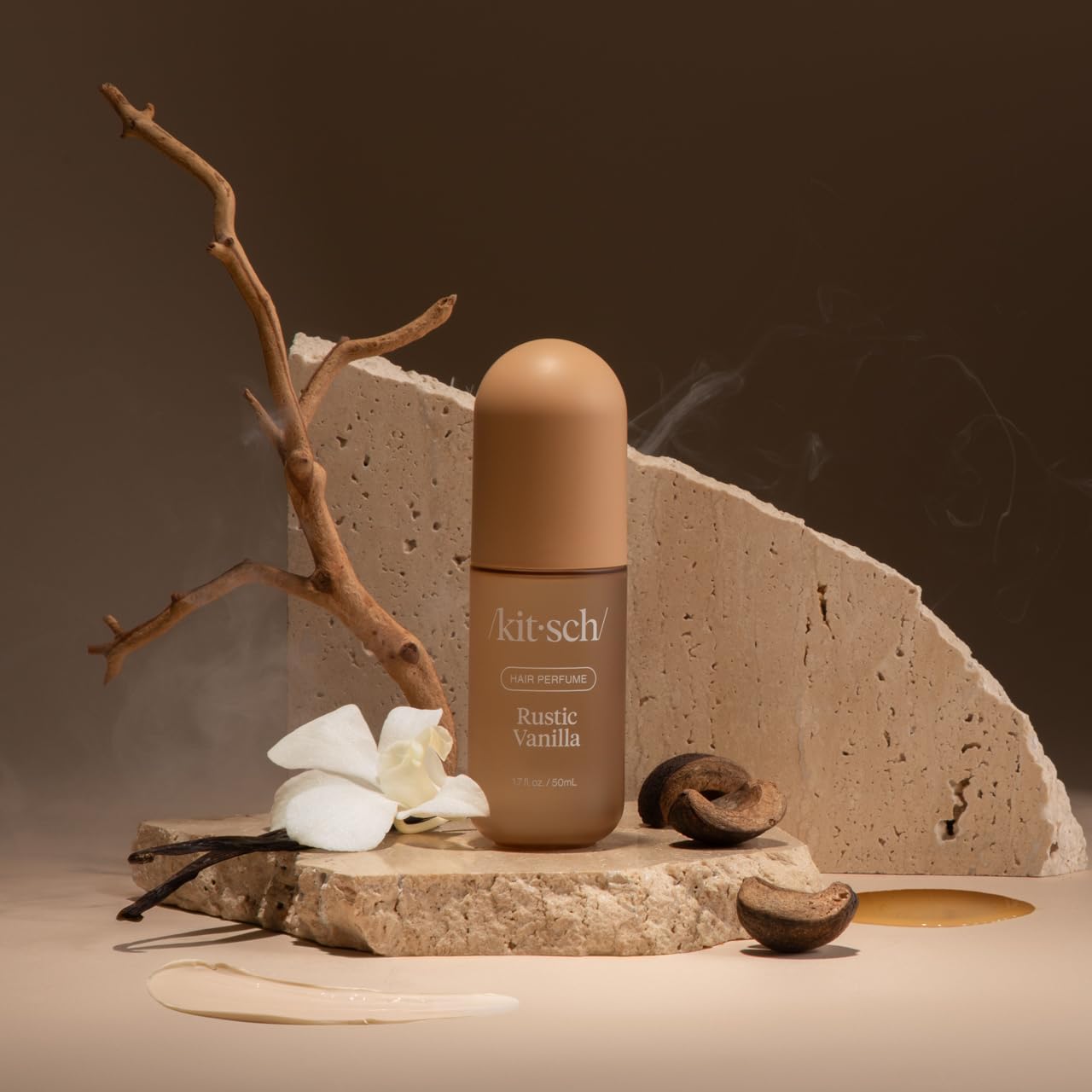 Kitsch Rustic Vanilla Hair Perfume bottle, 50ml, featuring a stylish design for nourishing hair styling and fragrance.