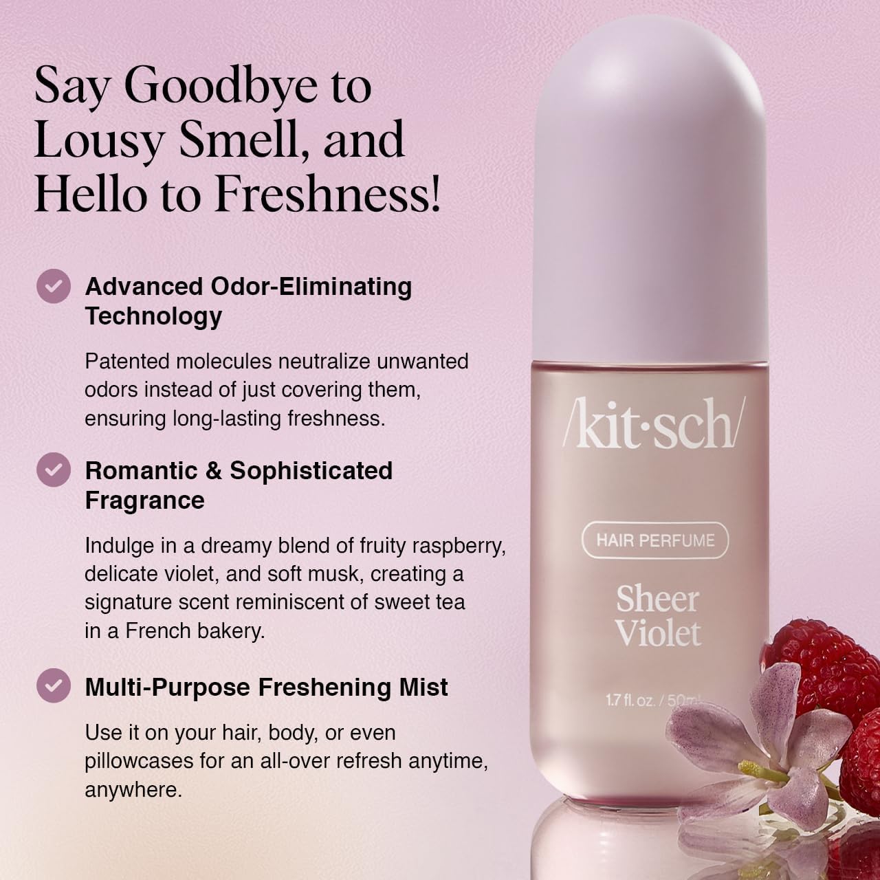 Kitsch Hair Perfume Sheer Violet in 50ml bottle, a hair styling product with a vibrant violet scent and floral packaging.
