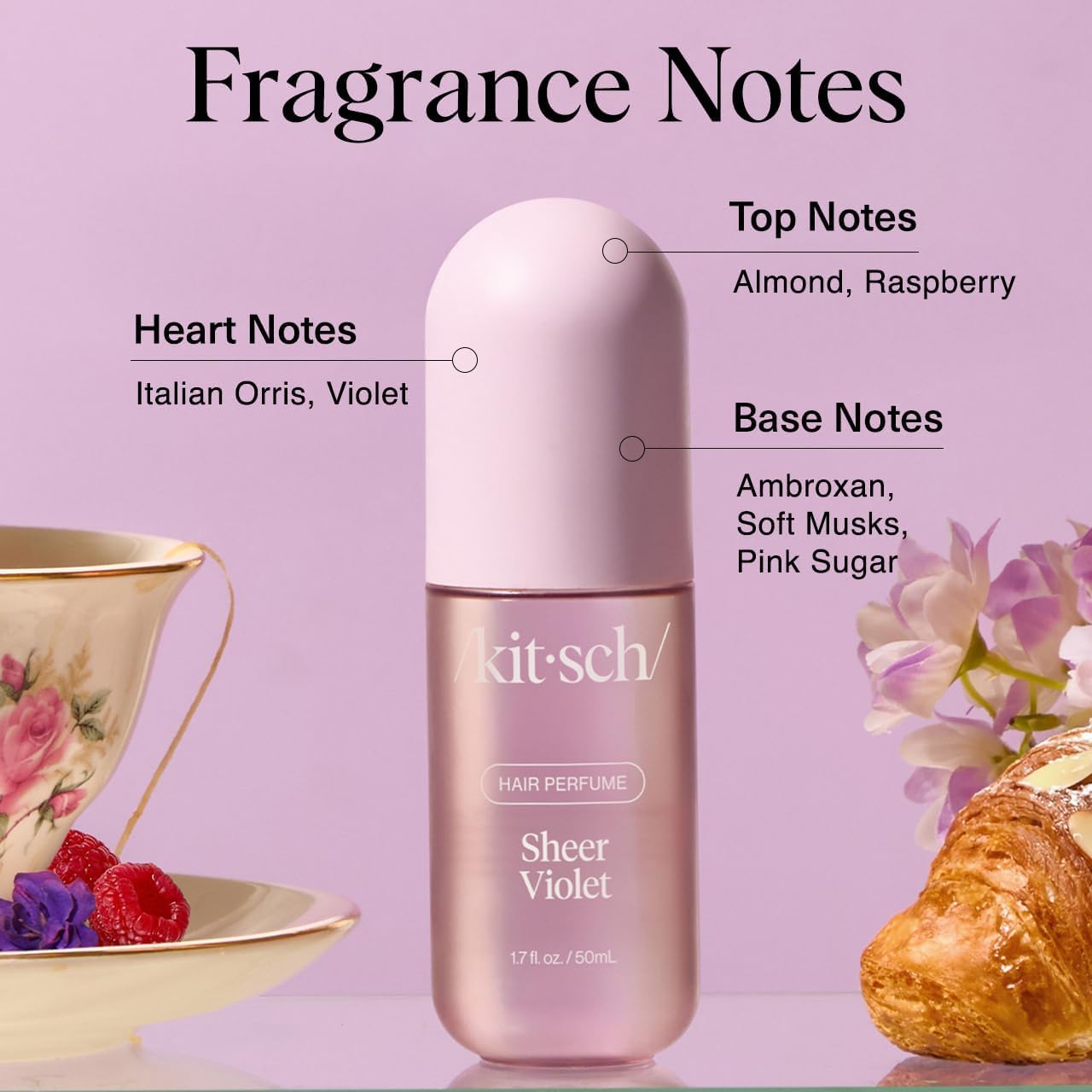 Kitsch Hair Perfume Sheer Violet 50ml, a stylish hair styling spray with a violet scent, shown in the image.
