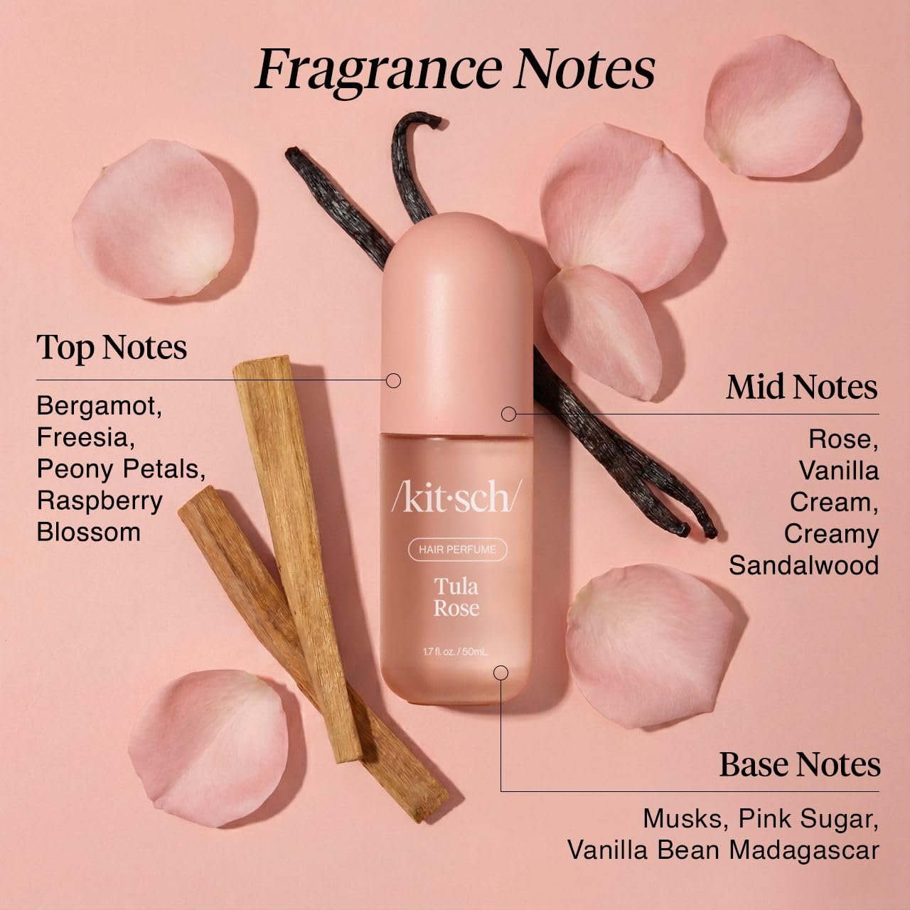 Kitsch Tula Rose Hair Perfume bottle, 50ml, for hair styling with floral rose scent, in a sleek, elegant design