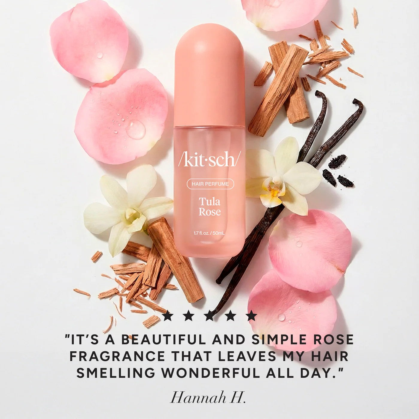 Kitsch Tula Rose Hair Perfume bottle, 50ml, with floral packaging, designed for hair styling and adding a pleasant scent.