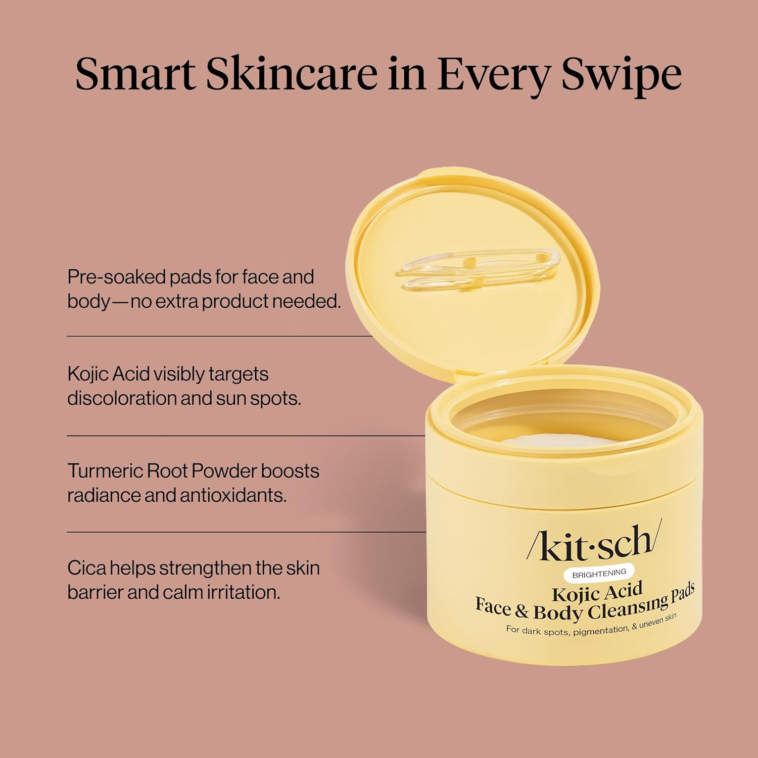 Kitsch Kojic Acid face and body cleansing pads from Skin Basics line, showing the product packaging and pads.