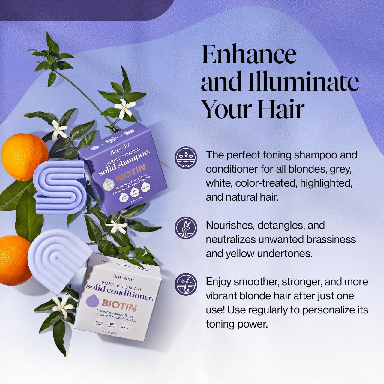 Kitsch neutralizing purple toning conditioner bar set, showcasing two solid conditioner bars for blonde hair care.