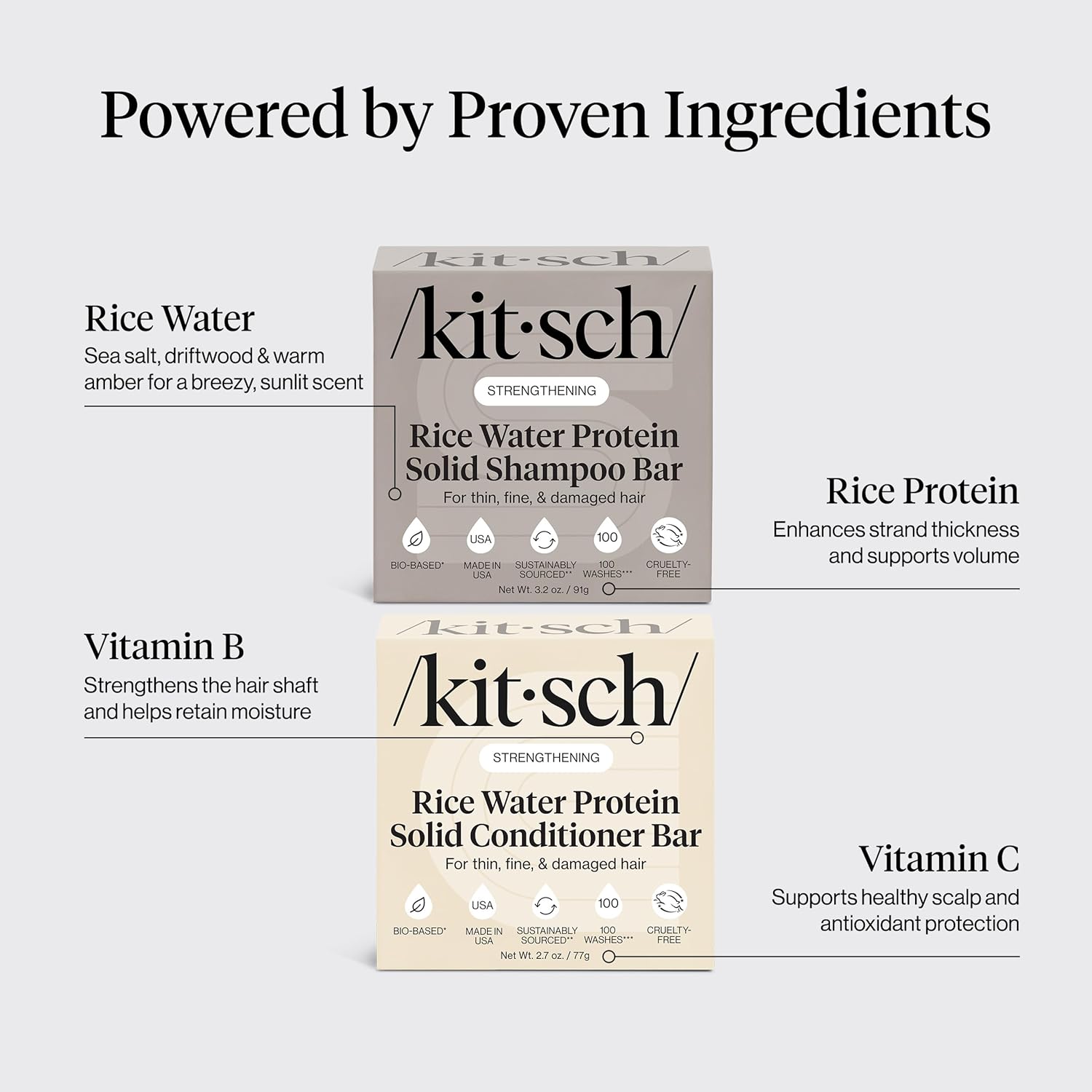 Kitsch strengthening rice water protein conditioner bar with natural ingredients, designed to nourish and improve hair health.