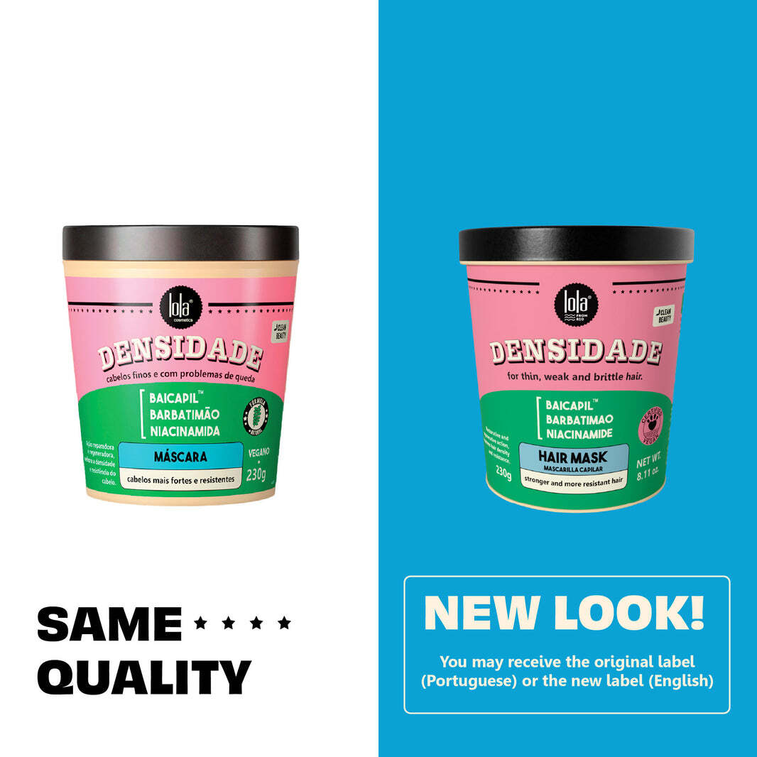Lola Cosmetics Densidade Density Restoring Hair Treatment mask in a jar, creamy texture shown with hair strands.