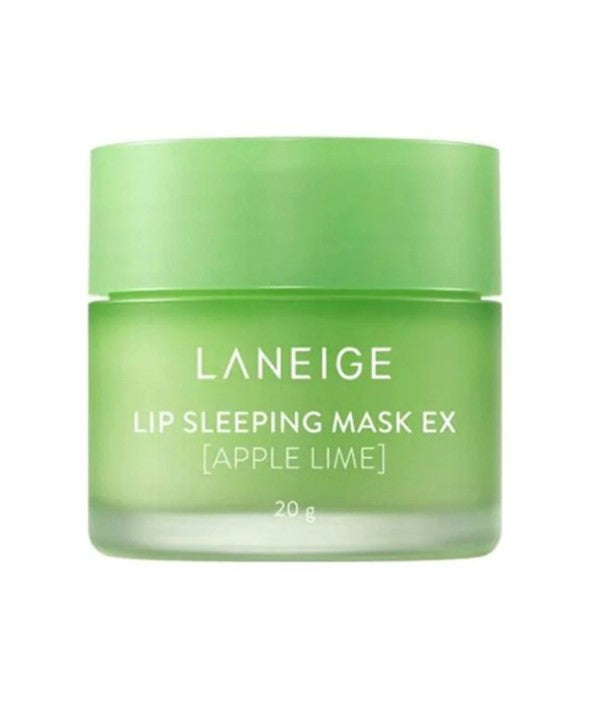 Laneige Lip Sleeping Mask in Apple Lime flavor, showing the jar with vibrant green and red packaging and the product inside.