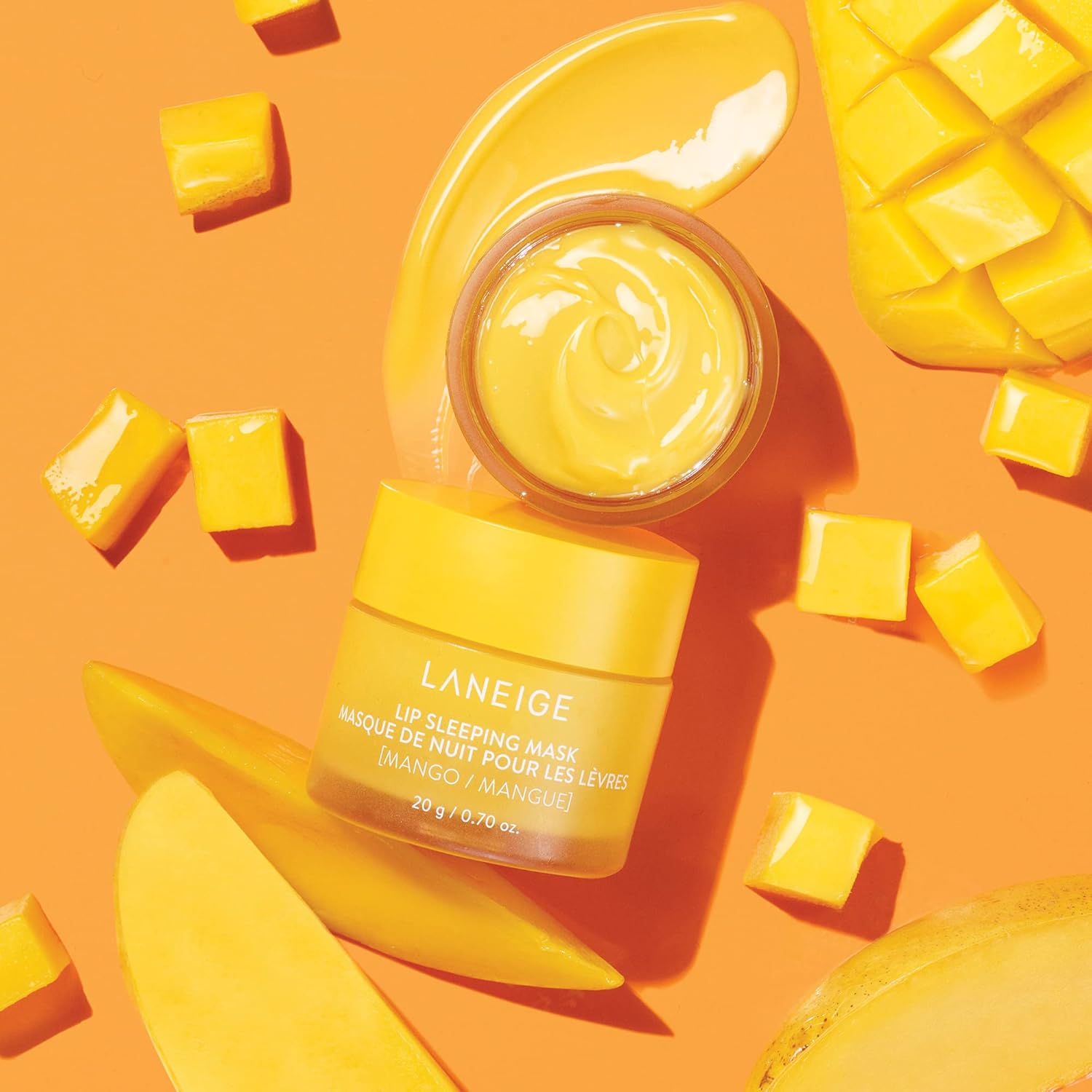 Laneige Mango Lip Sleeping Mask in 20g jar, a K-beauty moisturizer with a vibrant mango scent and creamy texture.