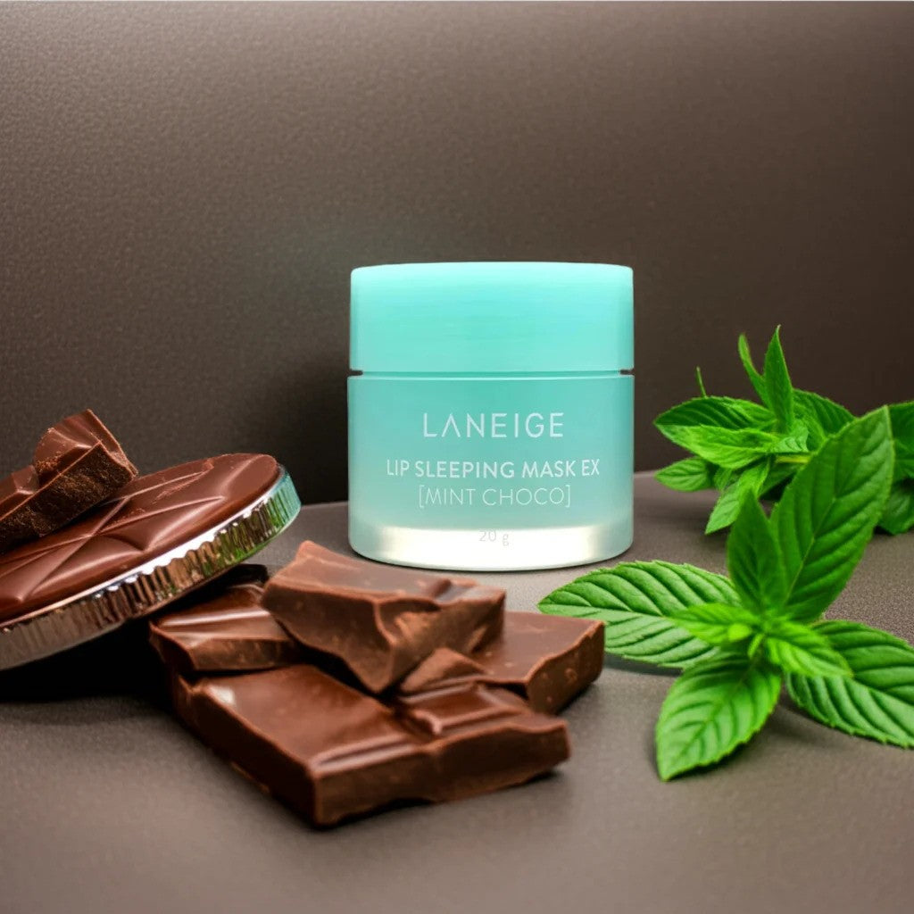 Laneige Lip Sleeping Mask Mint Choco in 20g jar, K-beauty moisturizer with mint and chocolate flavor, smooth and nourishing lip treatment.