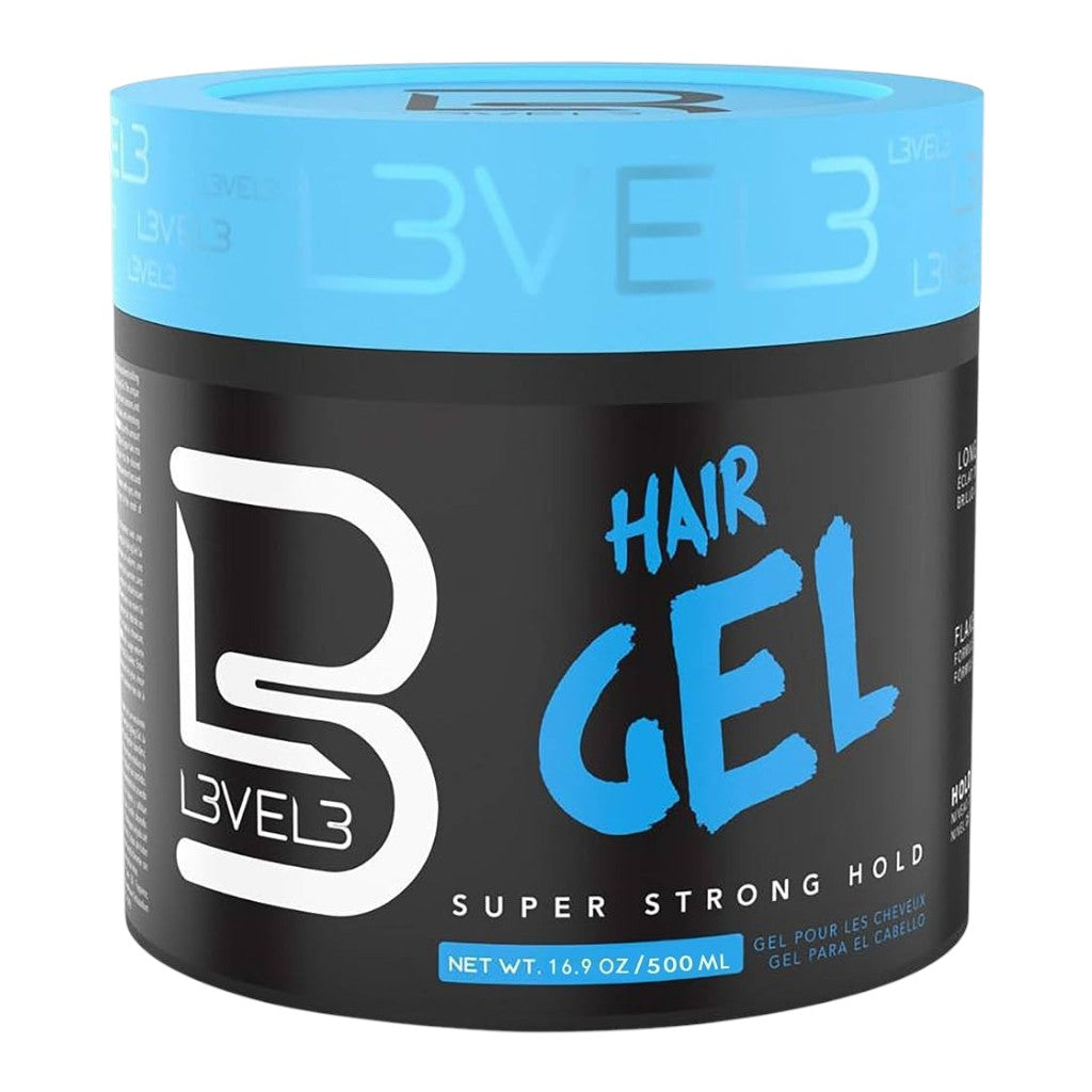 Level 3 Super Strong Hold Hair Gel for firm hair styling, shown in a black and silver bottle