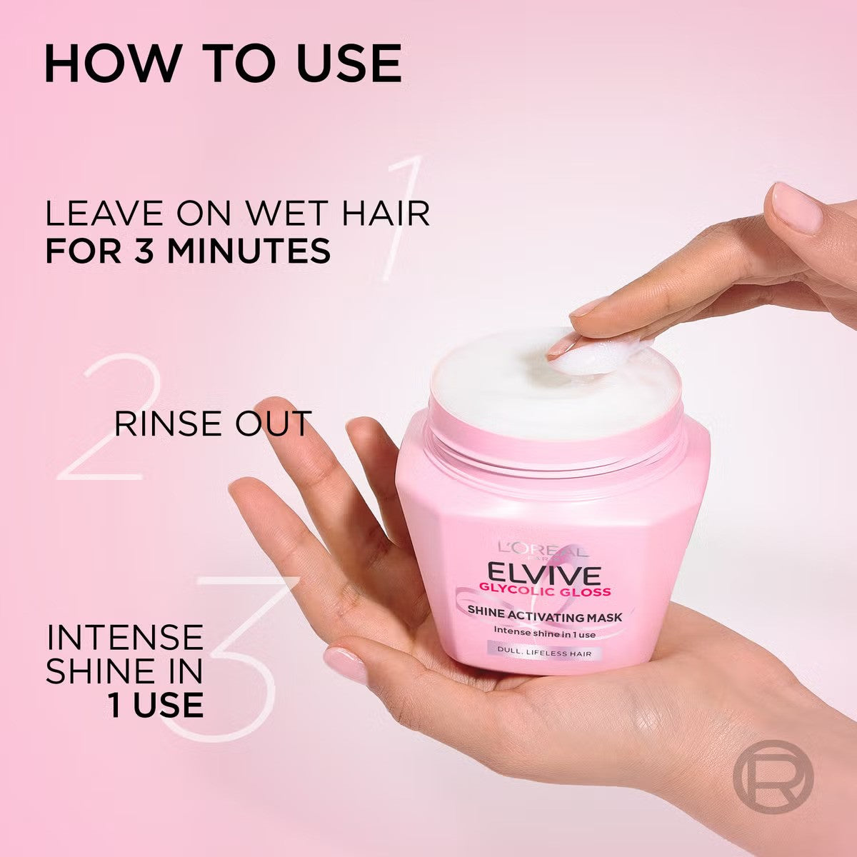 Loreal Elvive Glycolic Gloss Shine Activating Mask in a 300ml jar, smooth hair treatment with a shiny finish and nourishing formula.