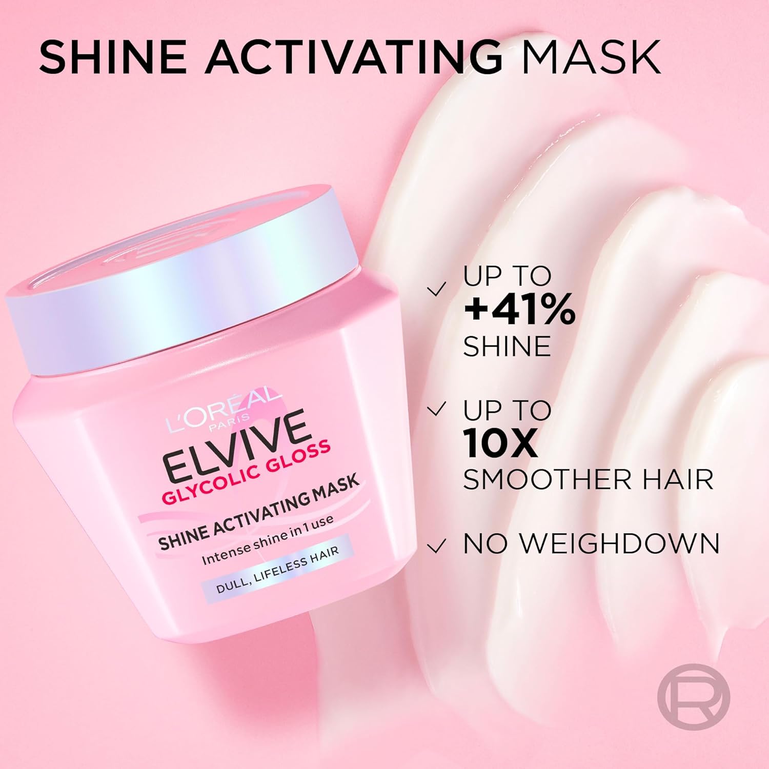 Loreal Elvive Glycolic Gloss Shine Activating Mask for hair treatment, 300ml container with glossy packaging and product label.