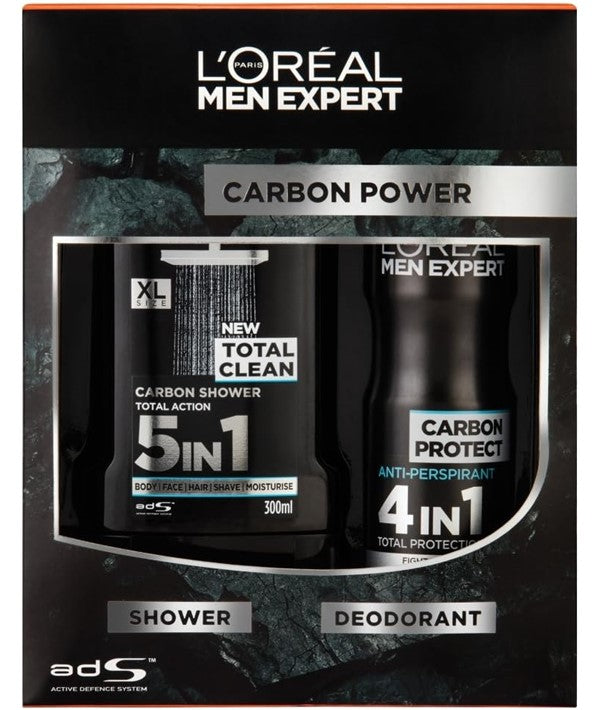 Loreal Men Expert Carbon Protect Duo Gift Set featuring skincare products in black packaging for men&