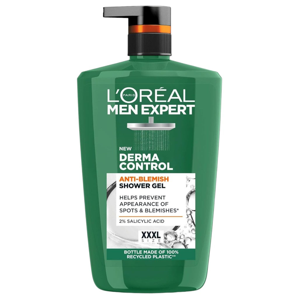 Loreal Men Expert Derma Control anti-blemish shower gel in 1000ml bottle, designed for deep cleansing and skin clarity.